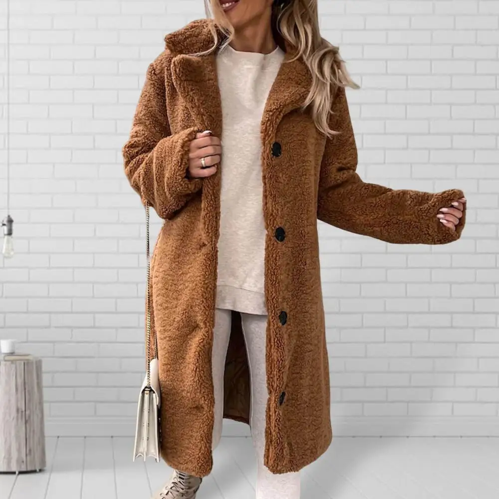 

Stylish Women Trench Coat Turndown Collar Ladies Pure Color Single-breasted Teddy Jacket Washable Women Overcoat for Travel