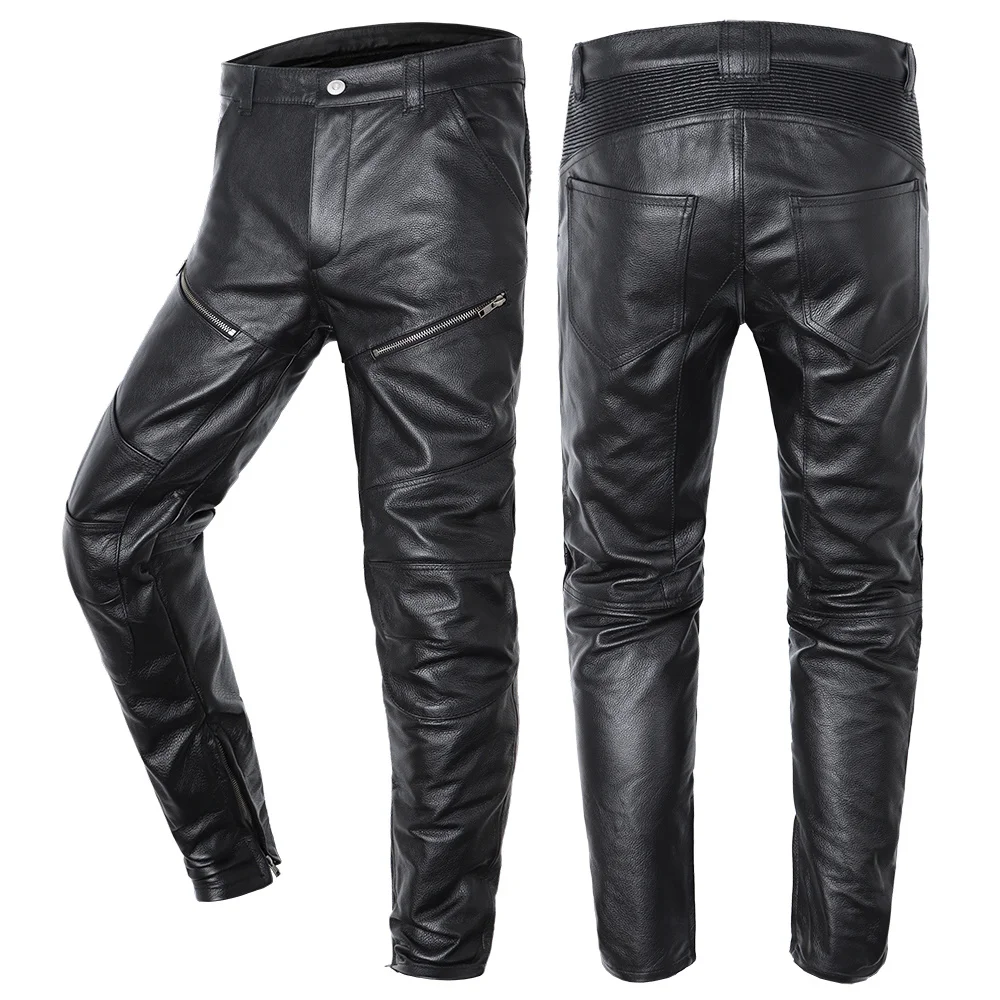 Motorcycle Genuine Leather Pant Men's Cowhide Trousers For Man High Quality Moto Biker Slim Pants Can Install Knee Protectors
