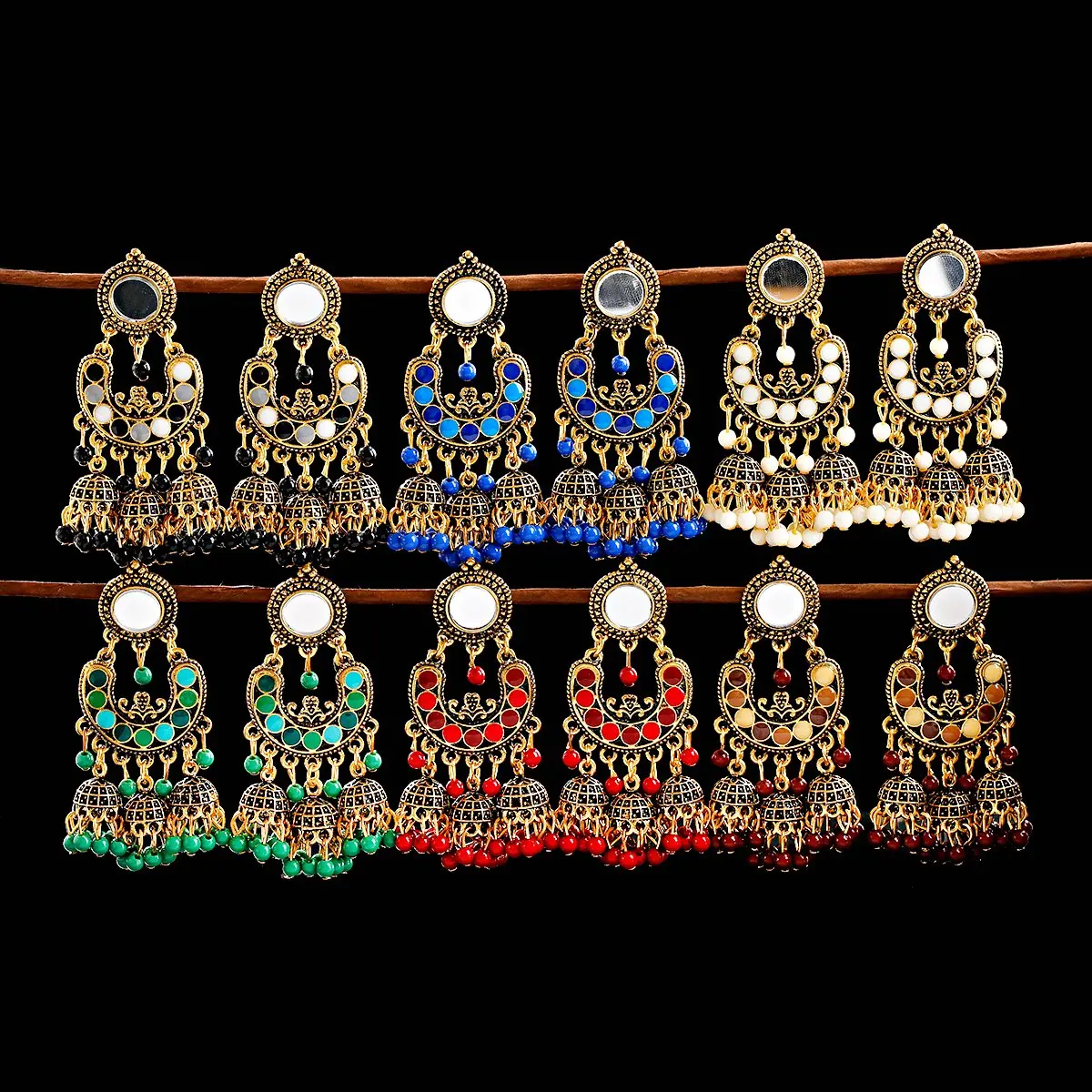 

Women Vintage Ethnic Indian Jhumka Jewelry Big Bell Multi Color Bead Tassel Earrings Antique Ethnic Drop Earring Brincos