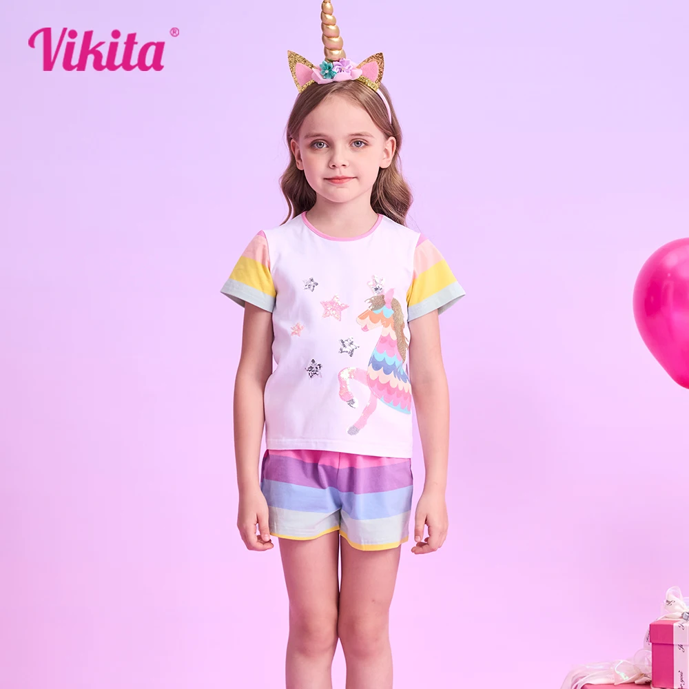 Фото VIKITA комплекты летней одежды для девочек, детский костюм с блестками и аппликацией в виде единорога, детская полосатая хлопковая футболка и брюки, костюм из 2 предметов №2
