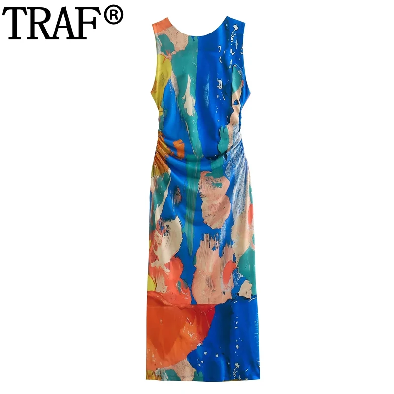 

Платье-миди летнее облегающее без рукавов с открытой спиной и рюшами