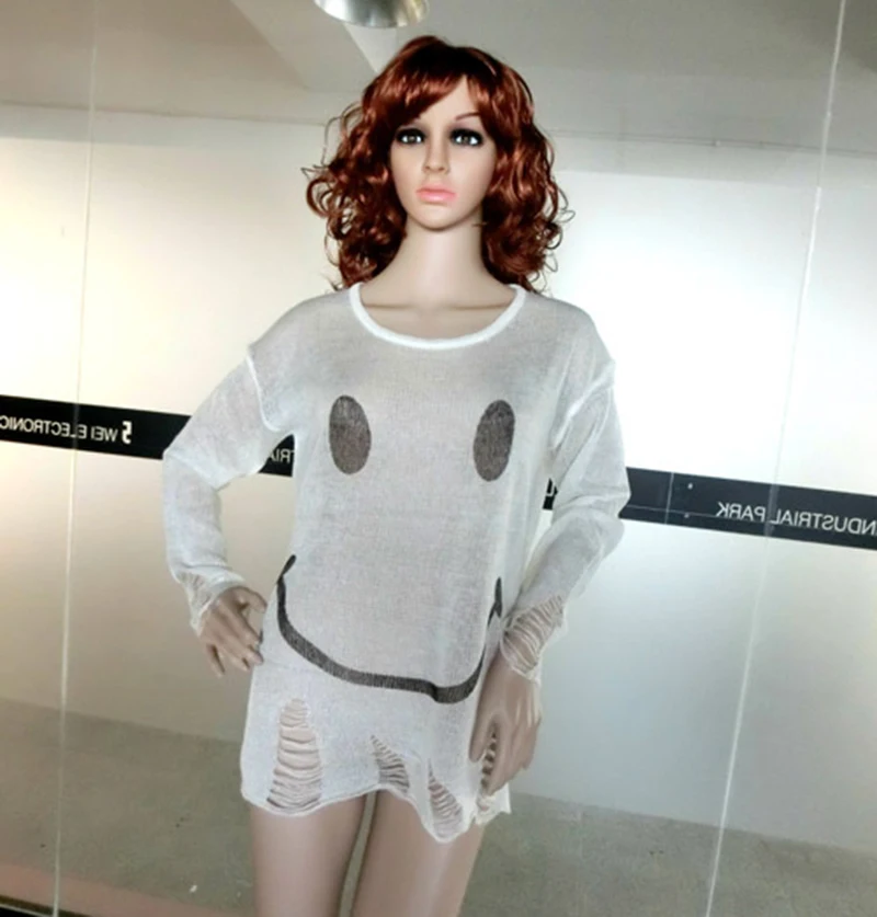 

Lady Retro Ragged Frayed Smile Print Hole Knitted Jumper Blouse Oversized Distressed Sweater