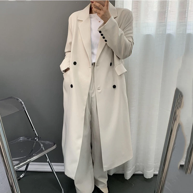 Korea Chic Temperament White Blazer Women's Autumn 2022 New Notched Loose Double Breasted Long Sleeve Long Suit Jacket