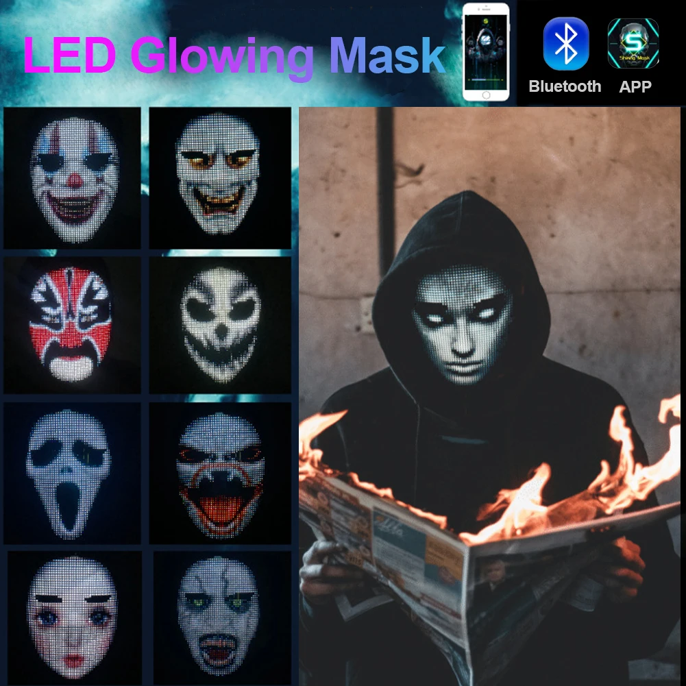 

Светодиодная RGB-маска с подсветильник кой, с поддержкой Bluetooth, для творчества, с изображением анимационного текста, для Хэллоуина, Рождества,...