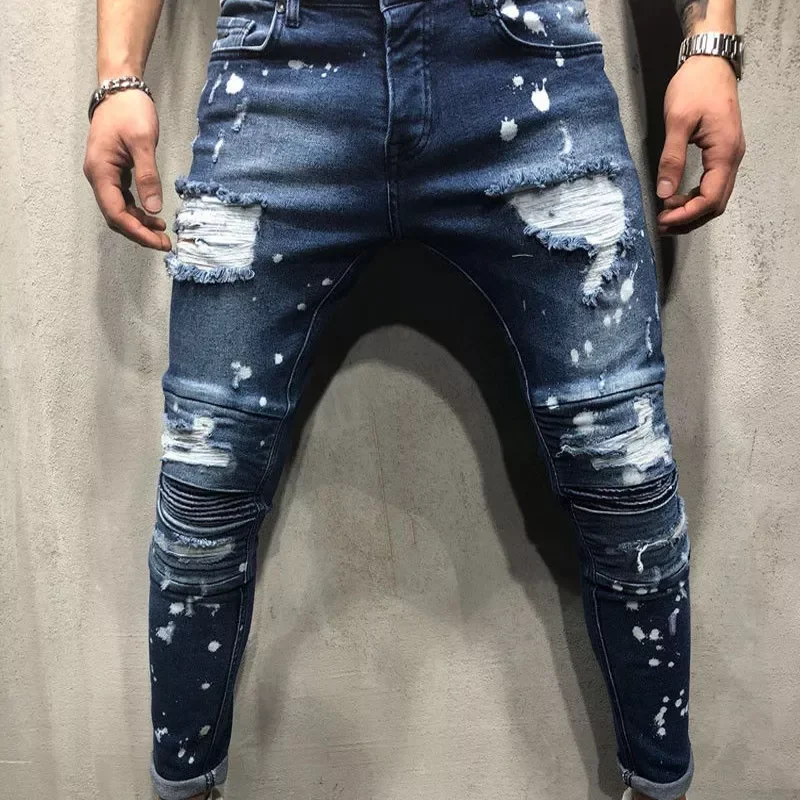 Ripped Paint point Design Fashion Ankle Zipper Skinny Jeans For Men Jeans Stretch Destroyed