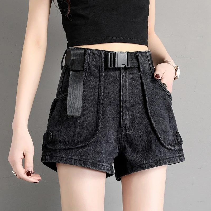2021 High-waisted Pocket Loose A-word Hot Short Jeans Black Denim Shorts with Belt Women's Casual Personality Streetwear Fashion