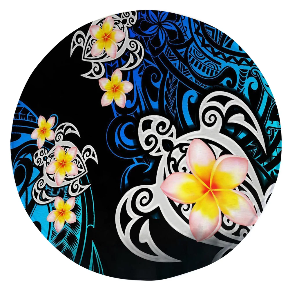 

CLOOCL Polynesia Flannel Round Mats Frangipani Sea Turtle Tattoo Pattern Carpets for Living Room Area Rugs for Bedroom