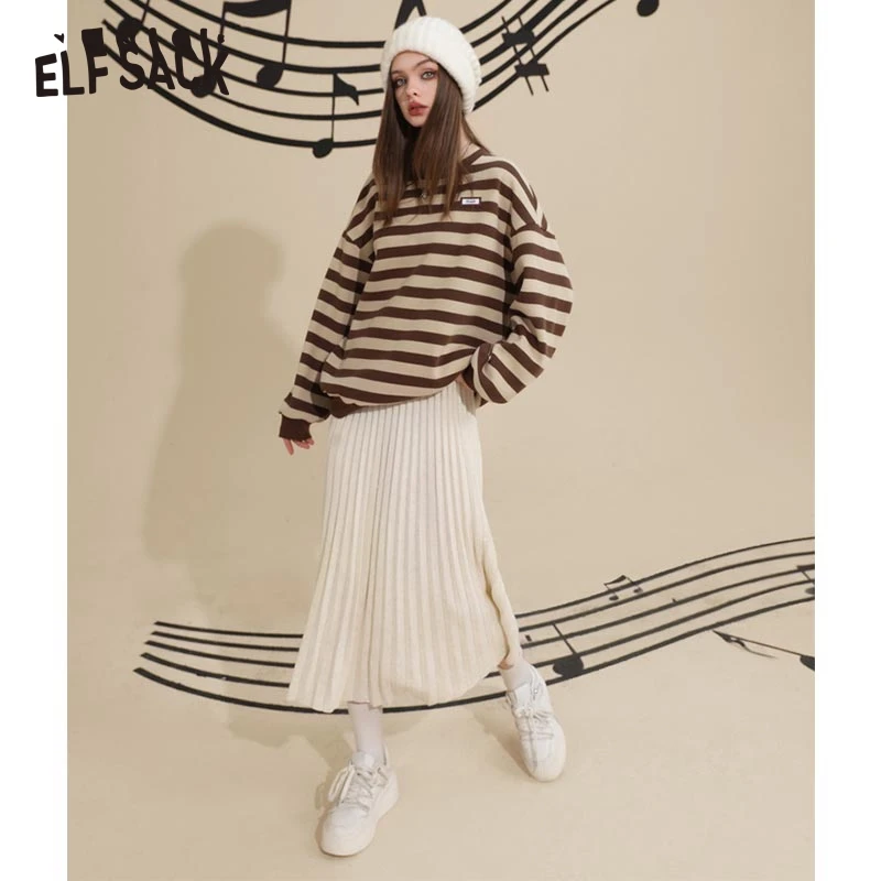 ELFSACK Solid Pure High Waist Casual Women Midi Skirt 2022 Winter Knitted Daily Bottom
