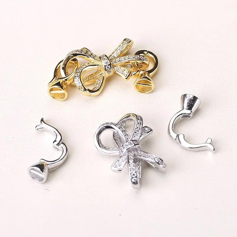 42mm X 16mm Love Knot Clasp Decorative Buckle Platinum Plated And Copper Zirconia Inlay For Chain Necklace Removable Both Sides