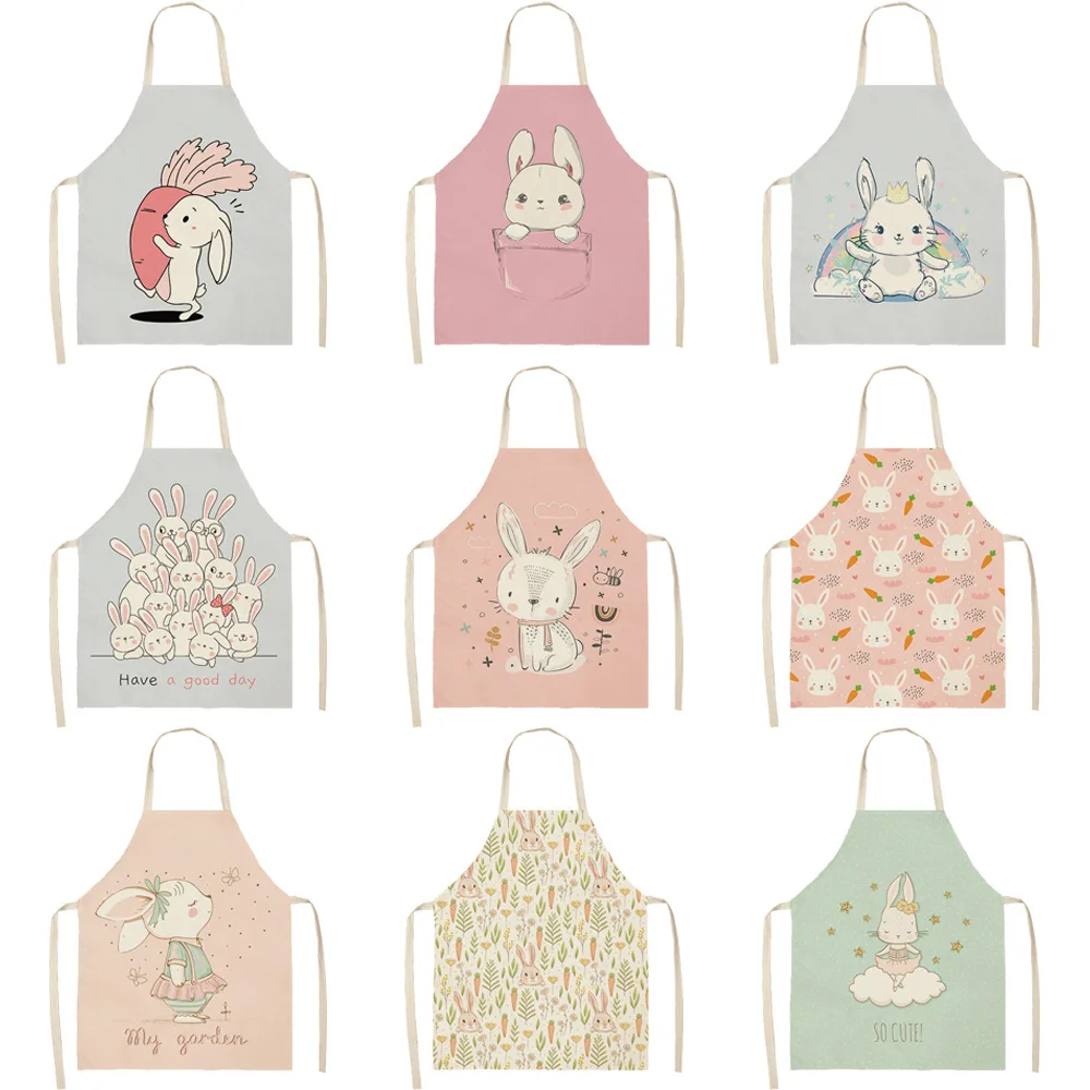 

Rabbit Pattern Cleaning Art Aprons Home Cooking Cute Rabbits Kitchen Apron Cook Wear Cotton Linen Adult Bibs 55x68cm