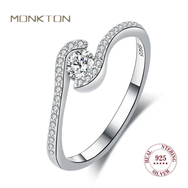 

Женское кольцо с бриллиантами Monkton, из стерлингового серебра 925 пробы с круглым прозрачным цирконием, ювелирные украшения, кольцо с сияющей волной, Прямая поставка