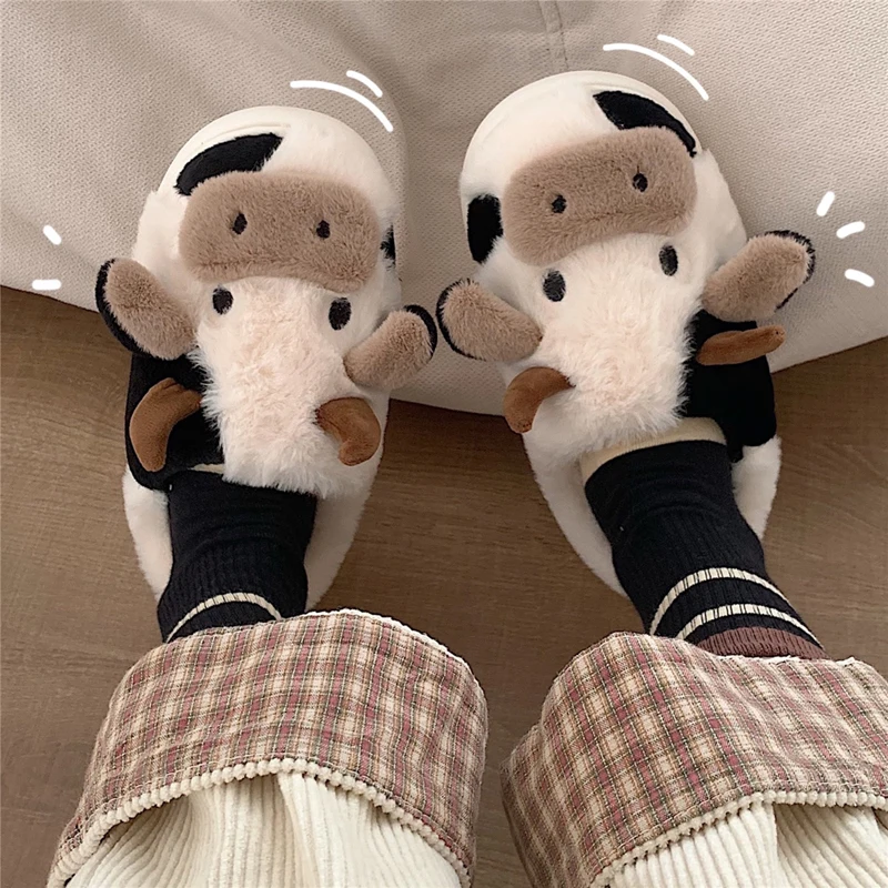 

2022 Women Milk Cow Fluffy Fur Slippers Winter Warm Closed Plush Home Slippers Bunny Kawaii Flat Cute Animal Dog Slides Shoes