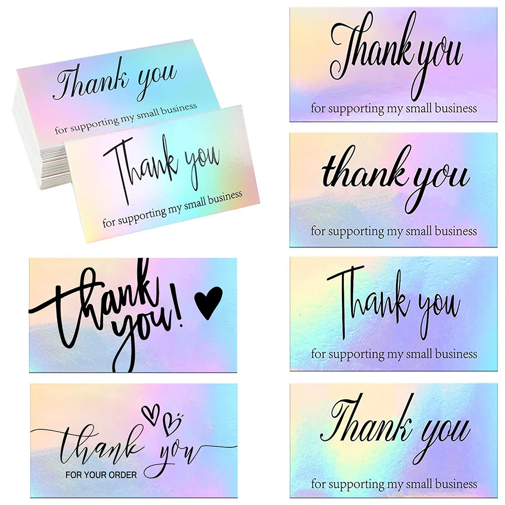 500Pcs Laser Rainbow Paper Greeting Cards Thank You Business Card Note Postcards Packaging for Small Businesses 9 * 5 CM