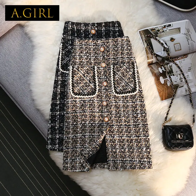 

A GIRLS 2022 spring winter new small wind woolen skirt women's middle long high waist Plaid wrap hip skirt vintage skirts