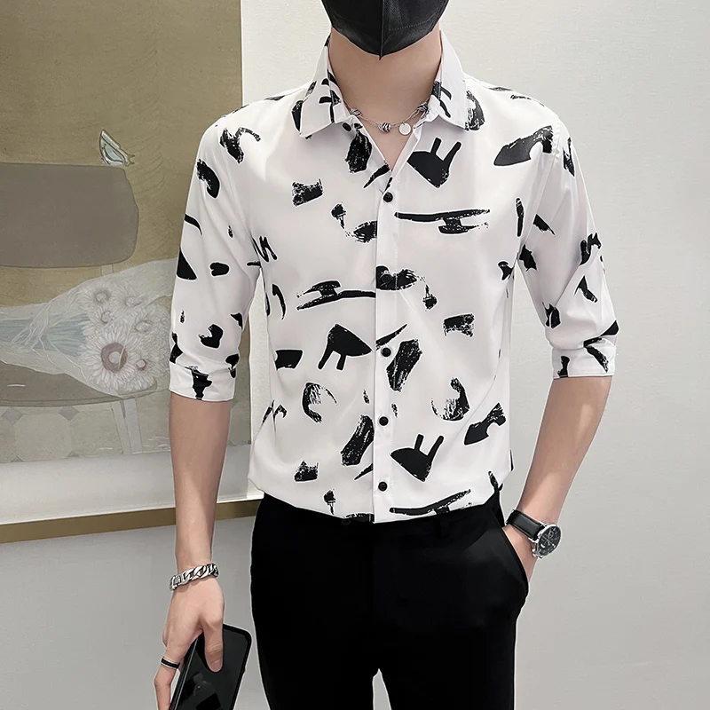 Fun Printed Shirts for Men 2022 Summer Half Sleeve Slim Casual Business Formal Dress Shirt Social Party Tuxedo Tops Men Clothing