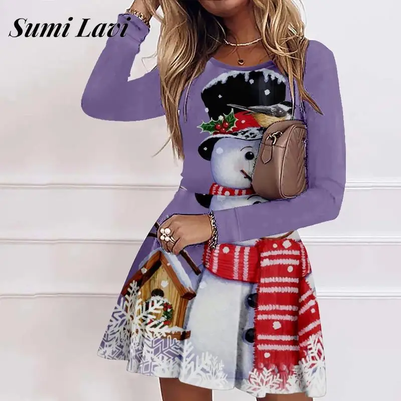 

Милое женское платье-трапеция с длинным рукавом 2023 рождественское мини-платье с 3D принтом женские модные плиссированные короткие платья с ...