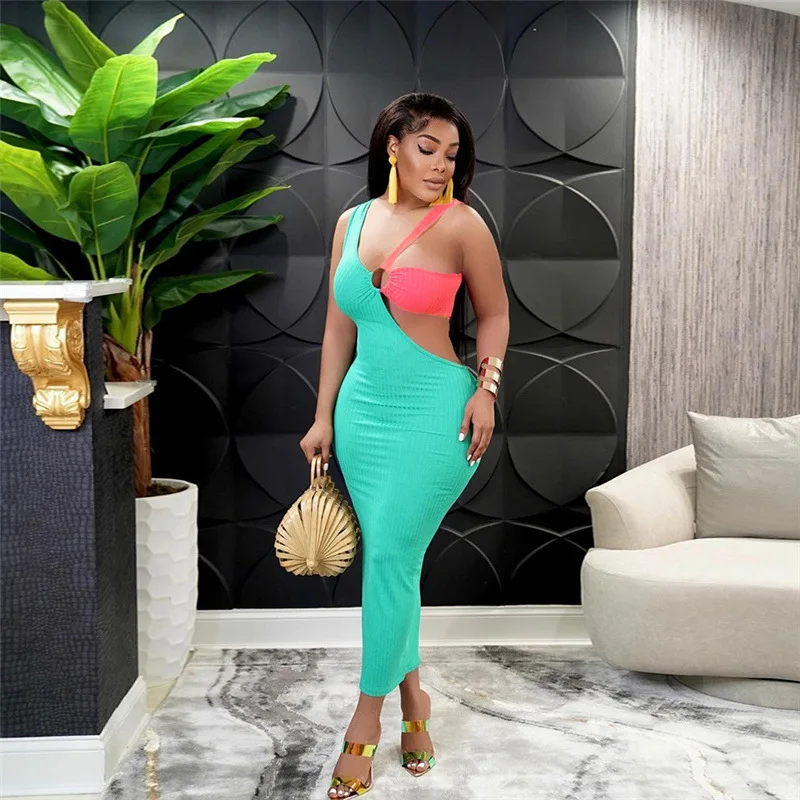 

SEBOWEL Ribbed Patchwork Maxi Dress Women Sexy Sleeveless Round Button Color Match Cut Out Cleavage Body-Shaping Female Robe