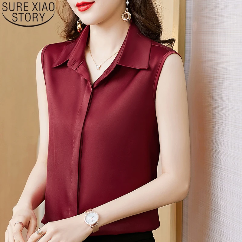 

Women Short Sleeve Blouse Summer Button Shirts Elegant Fashion Satin Shirt Polo Collar Casual Tops Sleeveless Clothes 19275
