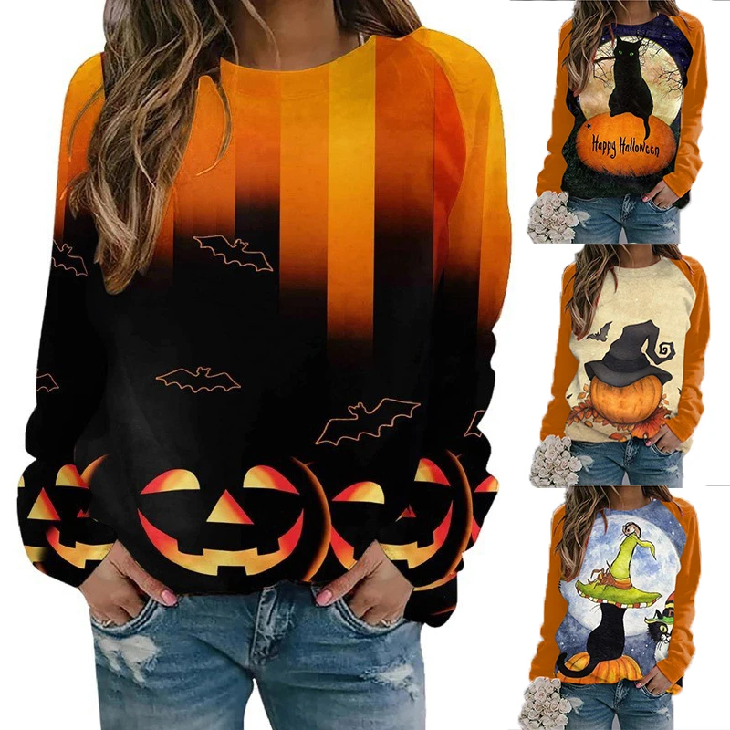 

Halloween Hoodies Pumpkin Head Long Sleeve Printed Crew Neck Pullover Autumn Loose Tees for Women Ladies Sweatshirt Blouse Traf