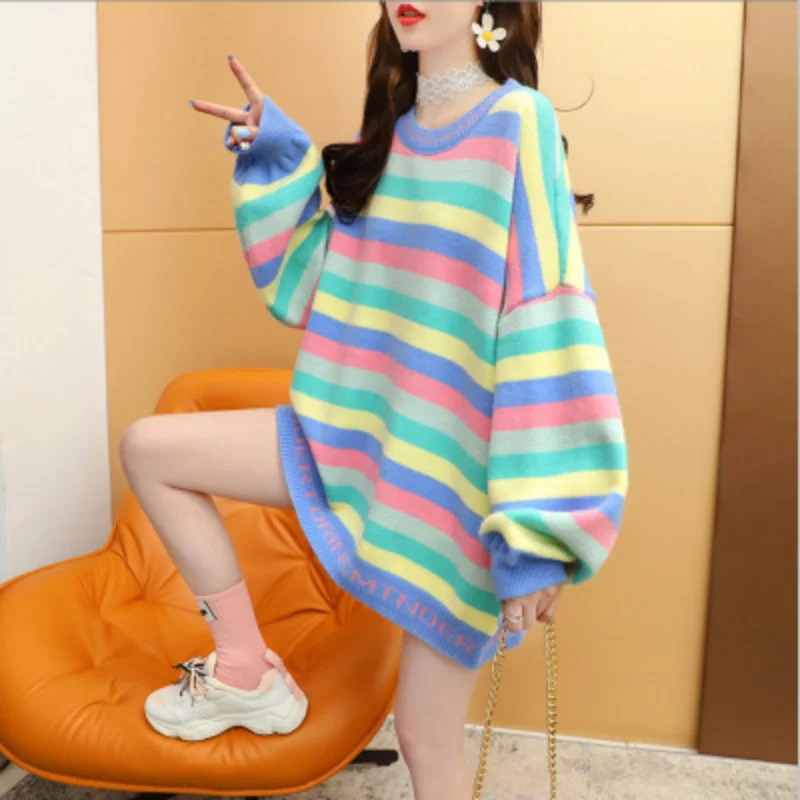

Color Striped Sweater Women's Loose Medium Length 2021 New Early Autumn Foreign Style Age Reducing Sweater Top Trend
