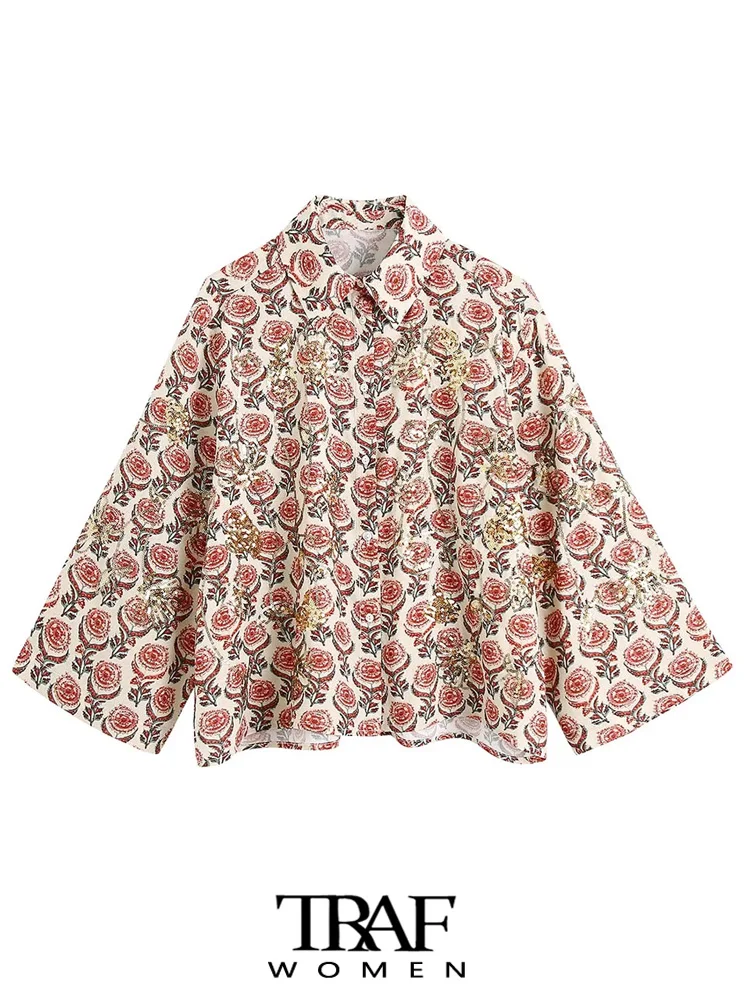 

Блузка женская с блестками и цветочным принтом, на пуговицах