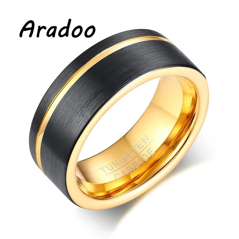 

ARADOO Light Luxury Fashion 8MM Tungsten Steel Brushed Groove Black Gold Cool Men's Ring Sports Ring Gift Ring