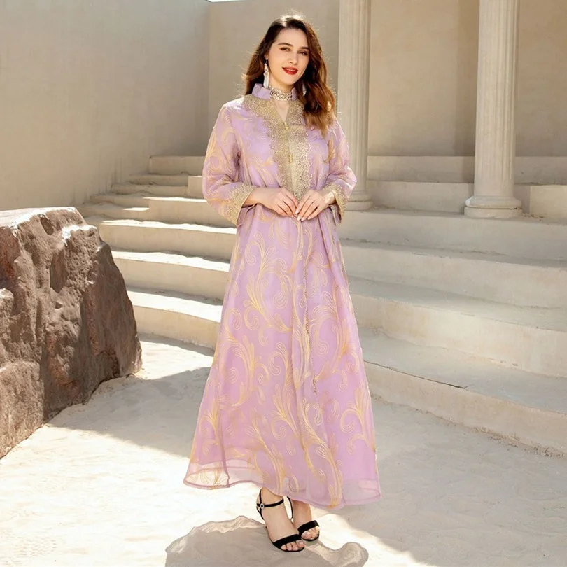 

Embrodry Jalabiya 2022 Elegant Party Long Sleeve Spring Summer Dresses Casual V Neck Fashion Women Dress Vintage Dinner Abaya