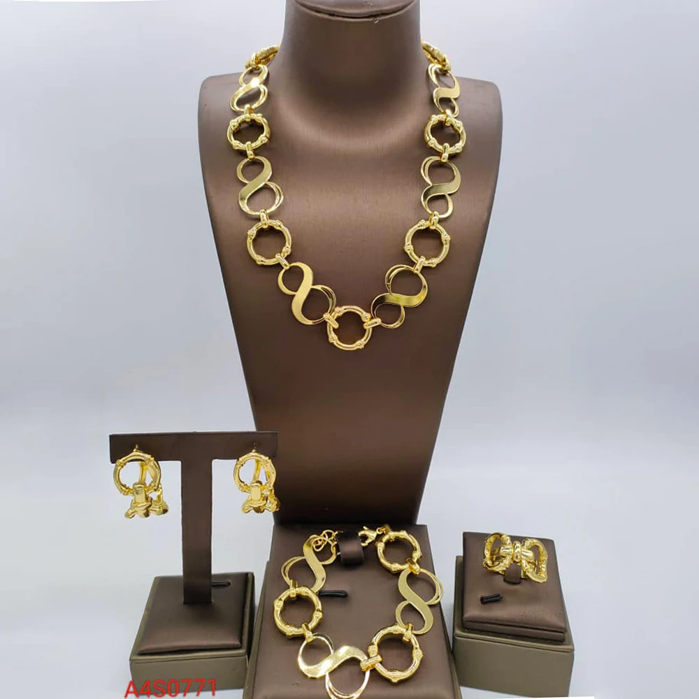 

Brazilian Golden Plated Punk Necklace Jewellery Circle Design Round Necklace Hoop Earrings 4Pcs Set for African Bridal Party
