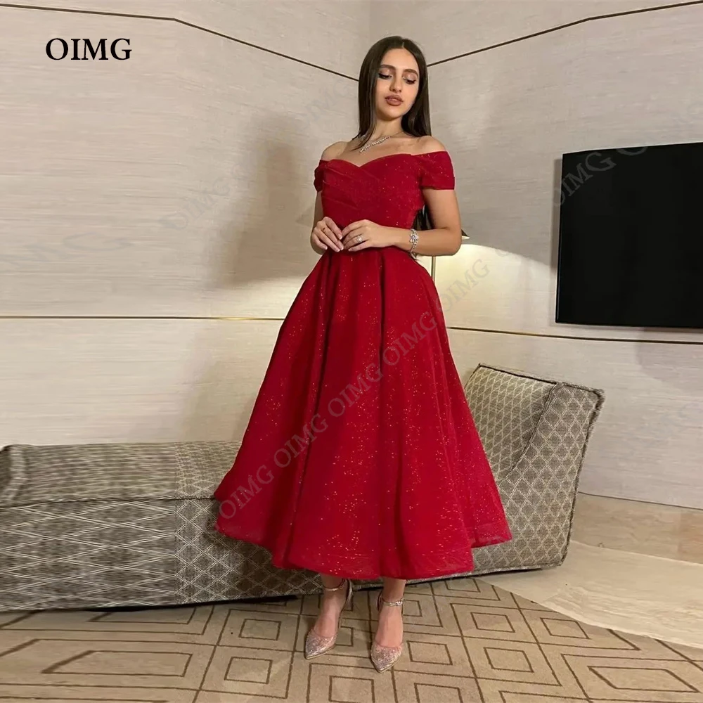 

OIMG Modest Red Sparkly Arabic Dubai Women A Line Evening Dresses Off Shoulder Glitter Shiny Formal Event Club Prom Gowns Dress