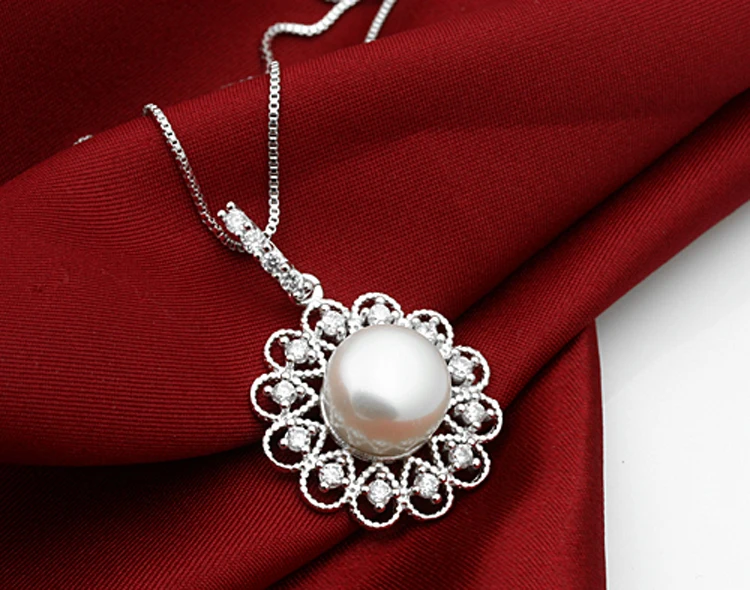 

MeiBaPJ 11-12mm Trendy Real Natural Freshwater Pearl Flower Pendant Necklace 925 Sterling Silver Fine Party Jewelry for Women