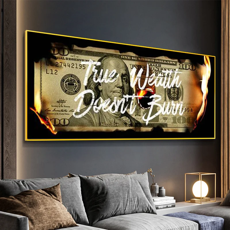 

100 Dollars Creativity Canvas Painting Real Wealth Motivitional Qoutes Posters Burning Money Wall Art Picture Living Room Decor