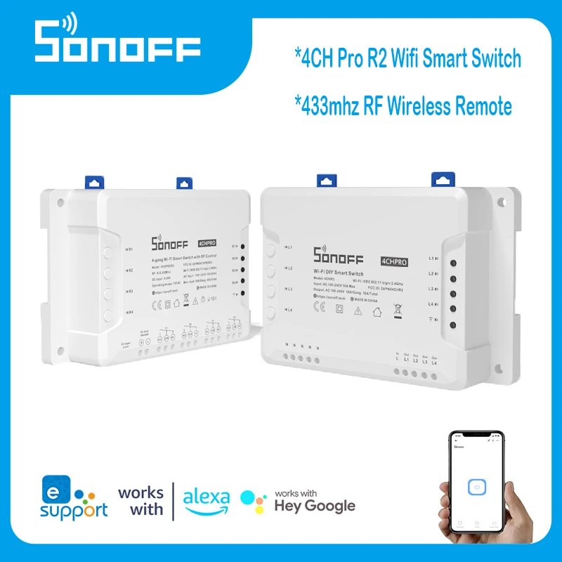 

Смарт-переключатель Sonoff 4CH Pro R2 Wifi 433 МГц RF беспроводной дистанционный 4-канальный переключатель Блокировка реле работает для Alexa Google Home
