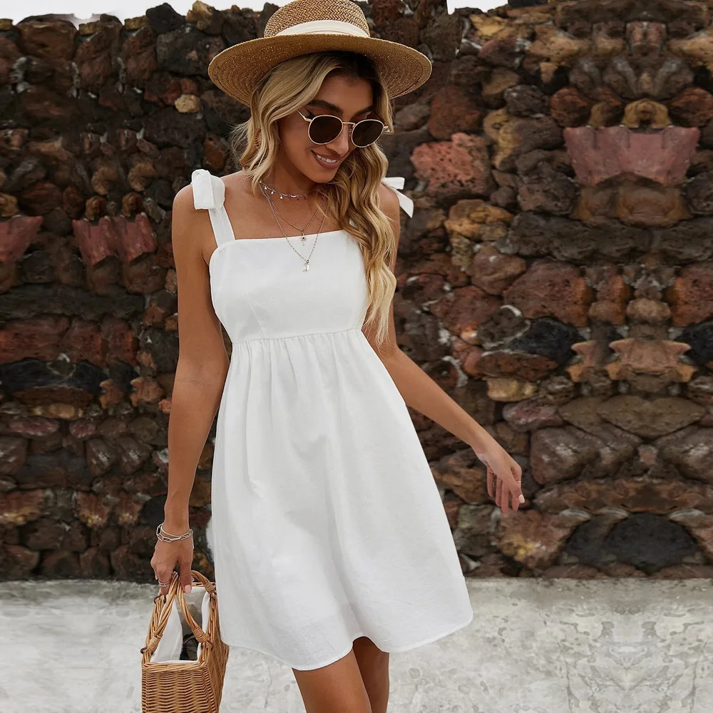 

2022 summer spring women's new temperament commuter short skirt suspenders solid color casual knitted dress