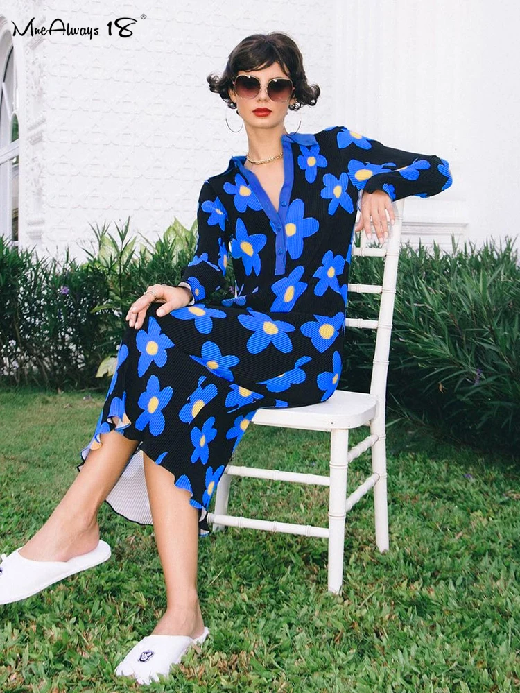 

Mnealways18 Elegant Flowers Print Midi Dress Pleated Polo Bodycon Floral Dresses High Street Women Long Sleeves Slim Dress 2022