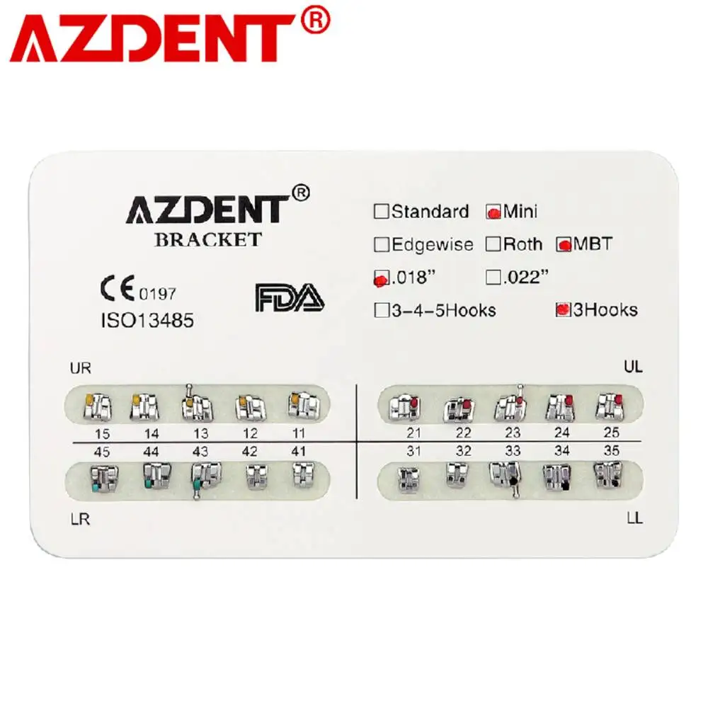 

5 Packs/100PCS AZDENT Dental Brackets Orthodontic Brace Metal Mini MBT Slot.022/018 Hooks 3/3-4-5 Mesh Base