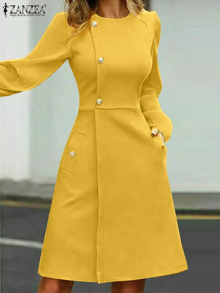 

Осеннее модное мини-платье ZANZEA 2023, женское элегантное плиссированное платье с длинным рукавом-фонариком, сарафан на талии, уличная одежда, повседневные платья, халаты
