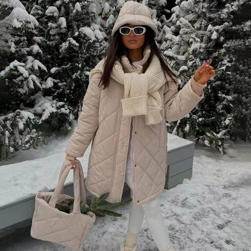 Ardm Casual High Collar With Rhombus Pattern Coat Long Sleeve Top Winter Jacket Women 2022 Parkas Straight Down Cotton Outwear