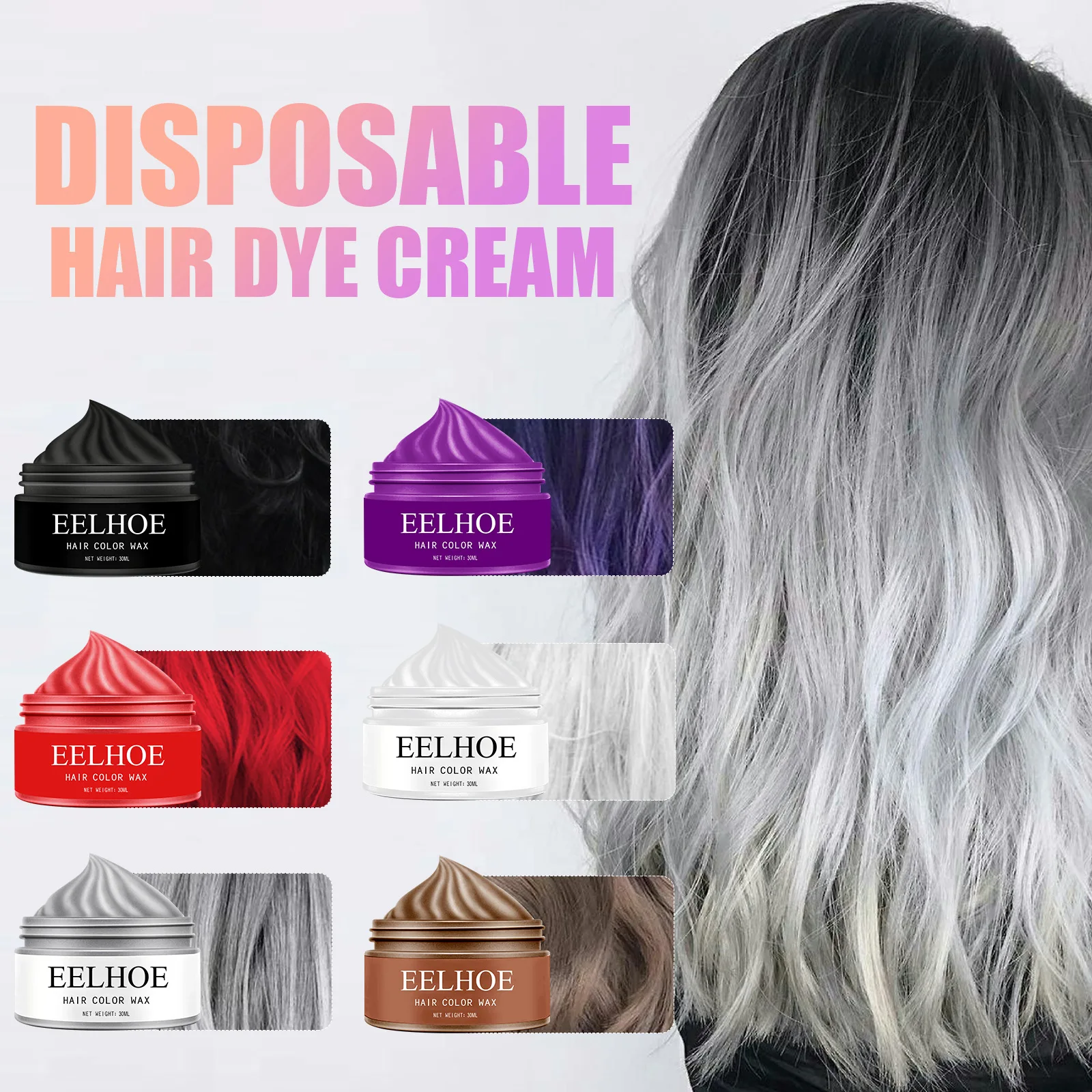 EELHOE 30ml 6 Colors Granny Grey Colorful Wax Clay Lasting Styling Natural Fluffy Colored Disposable Dyed Hair Wax Free Shipping