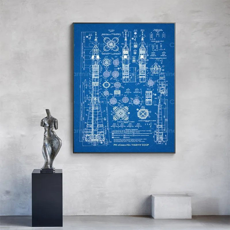 

Soyuz-U2 Russian Rocket Patent Gallery Wall Art Canvas Print Posters Outer Space Vintage Posters For Bedroom Decoration