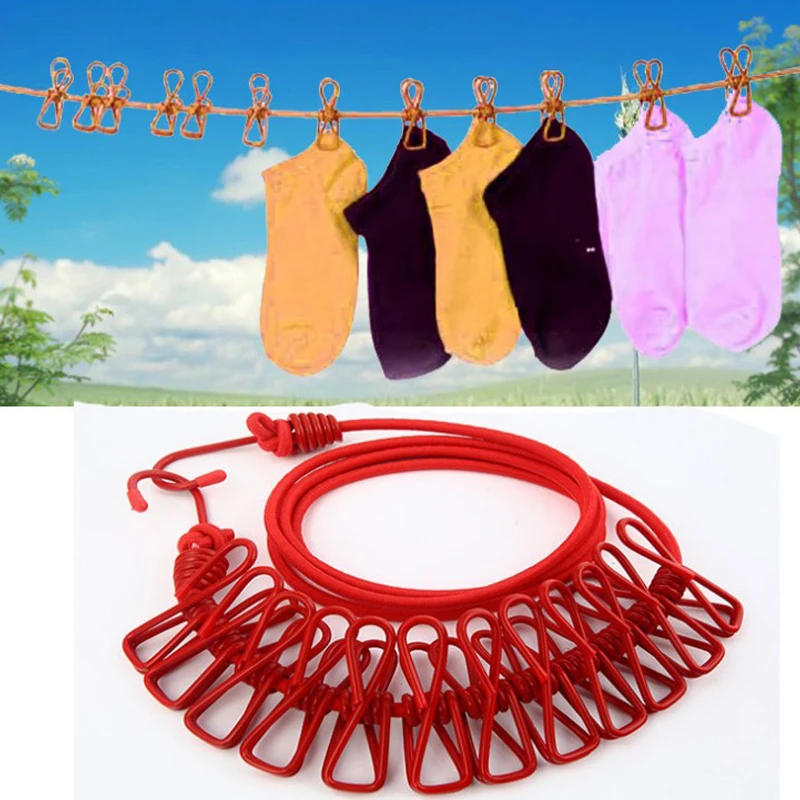 

4M Outdoor Camping Non-slip Stretch Clothesline With 12Clips Travel Stretchy Clothesline Sock Line Hanging Laundry Drying Rope