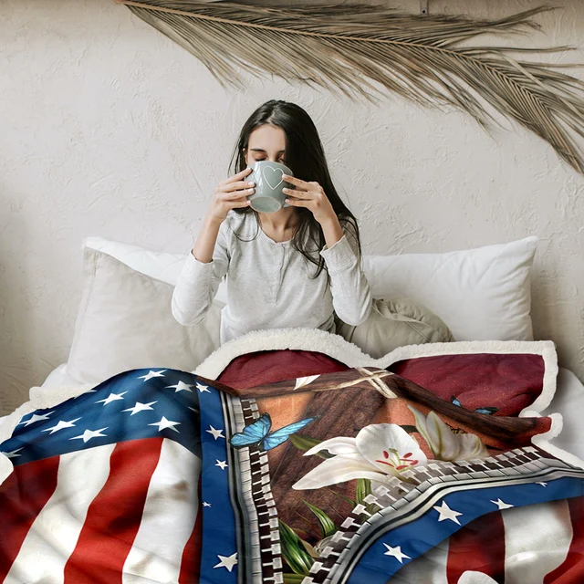 BlessLiving Lilies American Flag Print Sherpa Fleece Blanket Butterfly Flower Banner Blanket For Sofa Balcony Decor Dropshipping 4