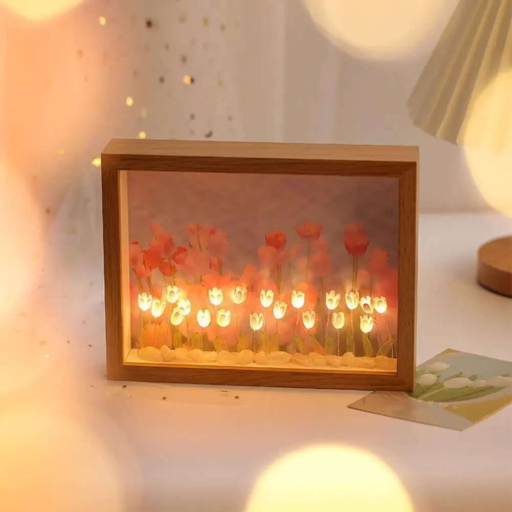

DIY Handmade artificial Tulip eternal flower picture sleep light Home frame gift birthday Bedside Material Ornament light n O9T9