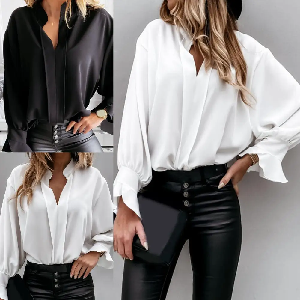 

Women Long Sleeve Ruffle Cuffs Shirt Shrink Resistant Solid Color V-Neck Elegant Pullover Shirt Elegant Female Clothing