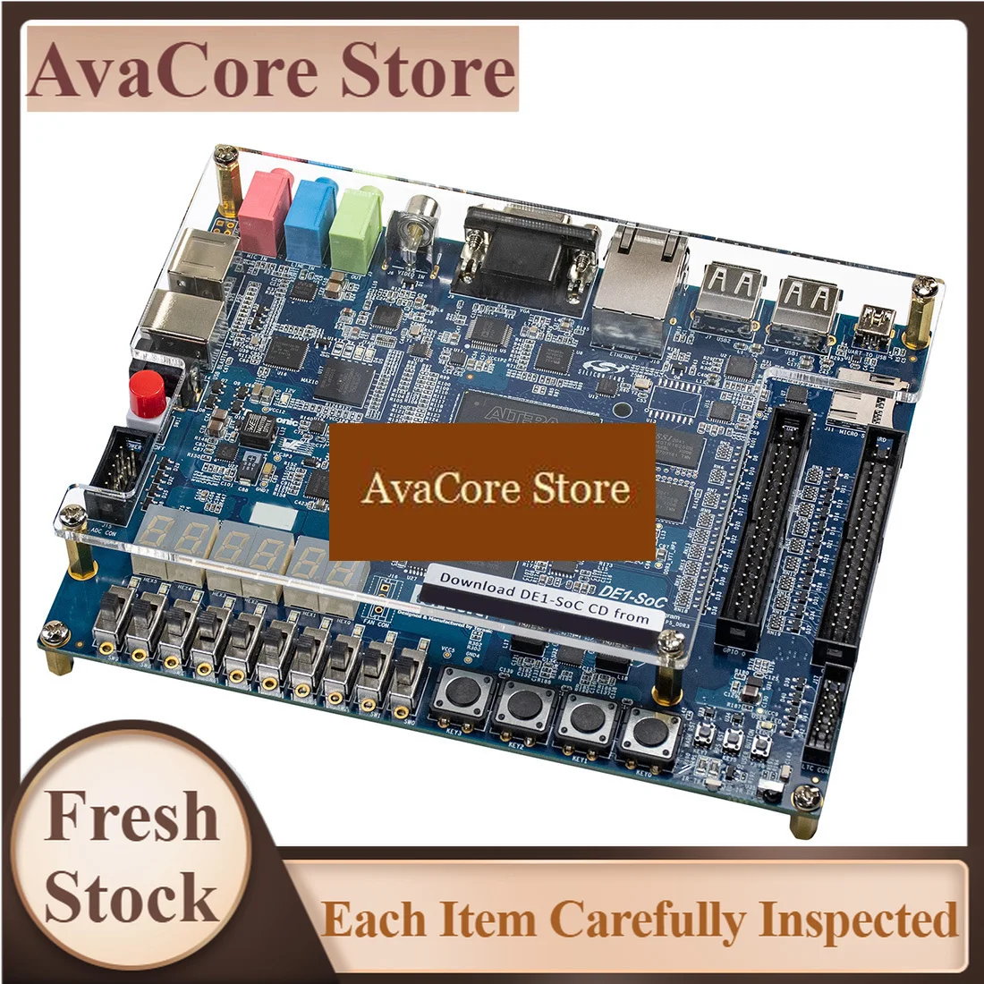 Фото Плата разработки AvaCoreFPGA с SoC Cyclone V 5CSEMA5, двухъядерным процессором ARM Cortex-A9, DDR3, Ethernet, VGA, аудио, учебный комплект. №1