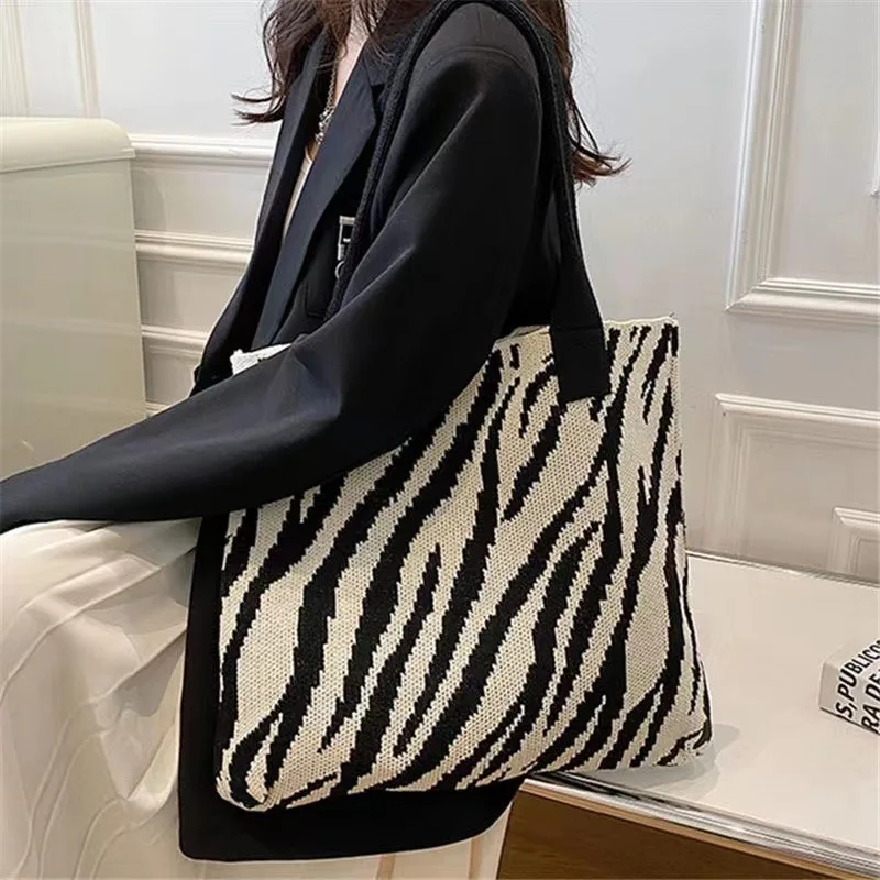 

The New 2023 Knitting Bag Fashion One Shoulder Bag Striped Bag Large Capacity Tote Bags Handbag Restoring Ancient Ways Purses