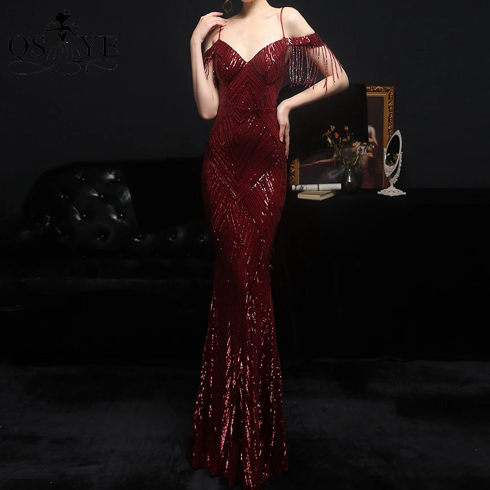 

QSYYE 2022 Burgundy Evening Dresses Beading Side Sleeves Straps Party Dresses Sequin Formal Gown Mermaid Long Women Prom Dresses