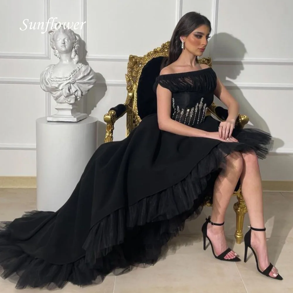 

Sunflower Boat Neck irregular Evening Tulle Dress 2023 Slim Front split Appliques A-LINE High-end Custom Gown Tulle Sweep Train