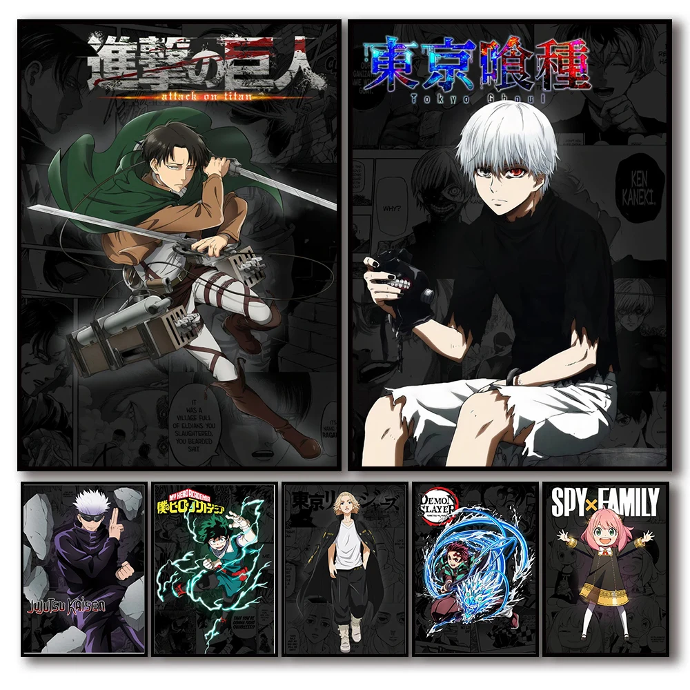 

Постер с аниме-фигуркой «Токийский Гуль», атака на титанов, постеры для семейства ююютсу, кайзен, эстетическое украшение для настенного иск...
