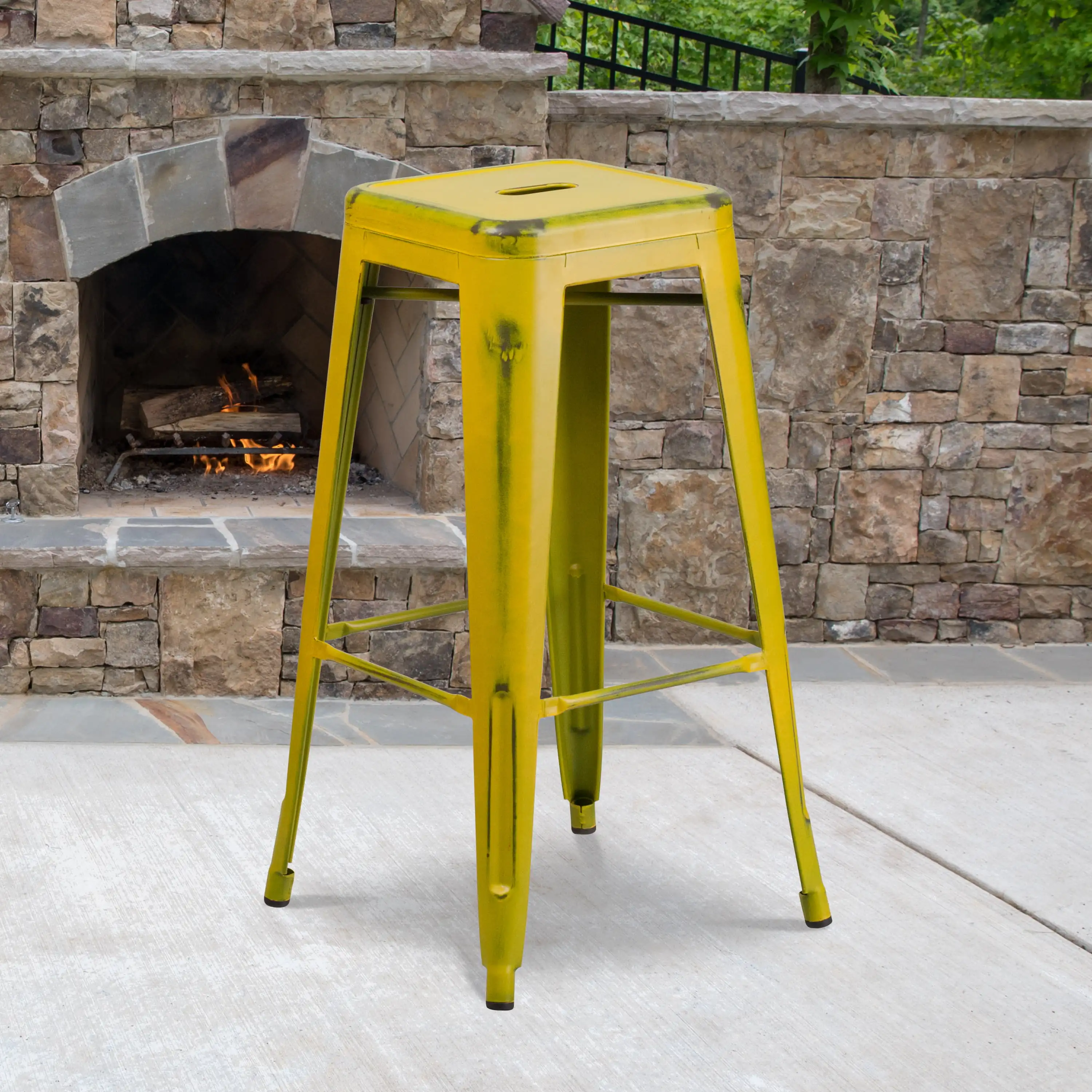 

Flash Furniture Commercial Grade 4 Pack 30" High Backless Distressed Yellow Metal Indoor-Outdoor Barstool