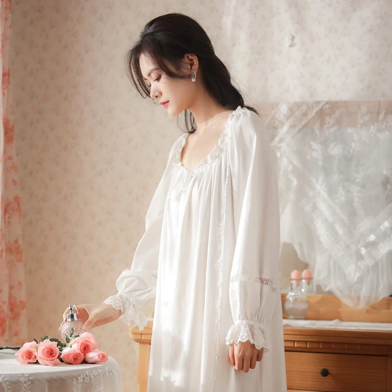 Victorian Night Dress Women Cotton Sleepwear Princess White Vintage Nightgowns Spring Autumn Long Sleeve Loose Peignoir Homewear